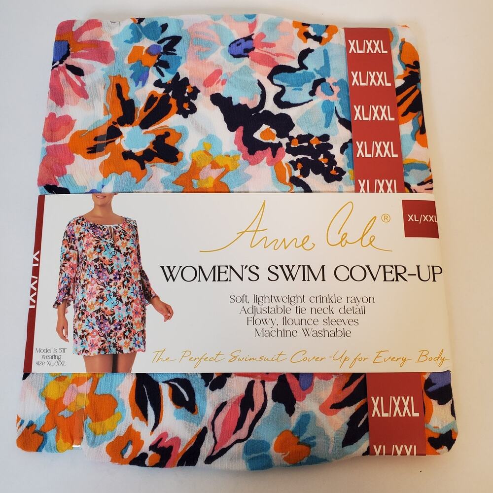 Anne Cole Womens Swim Cover-Up Size XL/XXL Multi Color Floral Crinkle Rayon Long